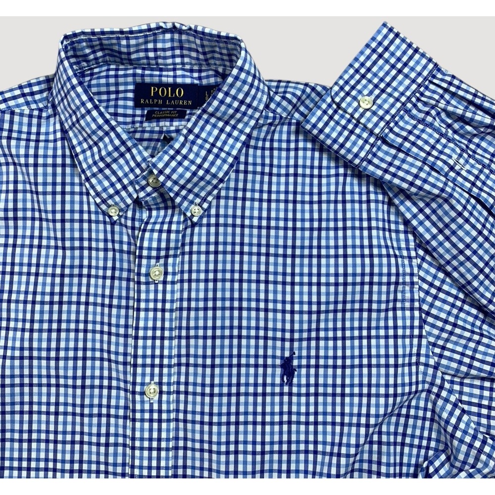 Polo Ralph Lauren Shirt Mens L Blue Gingham Classic Fit Performance Stretch